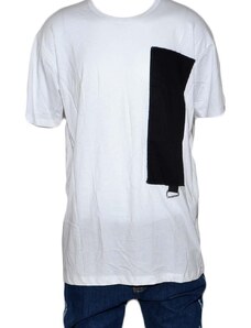 Malu Shoes T- shirt basic uomo in cotone bianco slim fit girocollo con cucitura a coste nero e taschino made in italy estate