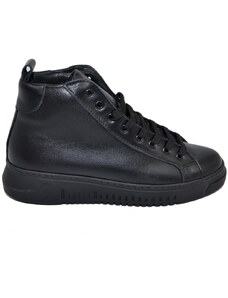 Malu Shoes Sneakers uomo alta in vera pelle nera con fondo doppio army nero, lacci a chiusura rapida made in italy