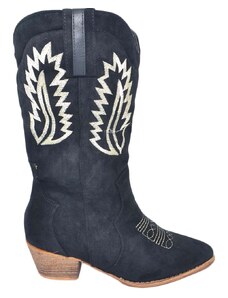 Malu Shoes Stivali donna camperos texani stile western effetto scamosciato nero con cuciture a contrasto unita altezza polpaccio