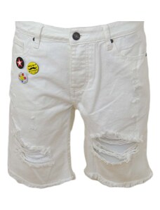 Malu Shoes Pantoloni corti short uomo bermuda in denim jeans bianco con strappi e stemmi frontali moda giovane
