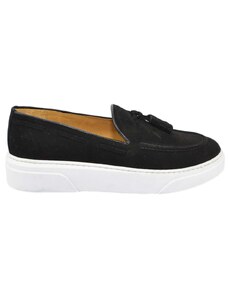 Malu Shoes Mocassini uomo slip on classico sportivo in vera pelle nero scamosciata cuciture in punta e bon bon fondo bianco alto