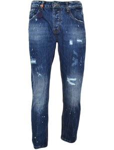 Malu Shoes Jeans denim blu scuro uomo skinny fit con effetto slavato Cinque tasche Chiusura frontale cerniera e bottone con strappi