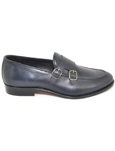 Malu Shoes Scarpe uomo con fibbia doppia blu sottile derby vintage in vera pelle crust slip on business linea dandy