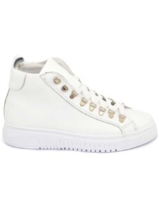 Malu Shoes Sneakers uomo alta bianca in vera pelle vitello con ganci in acciaio clip lacci fondo army bianca made in italy