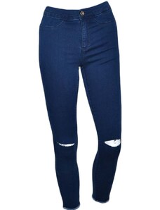 Malu Shoes Jeans donna slimfit high waist a vita alta lavaggio blu scuro strappo al ginocchio denim elasticizzati