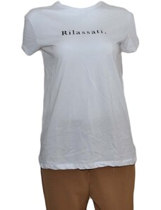 Malu Shoes T-shirt donna basic bianca modello slim bianca con scritta RILASSATI cotone made in Italy