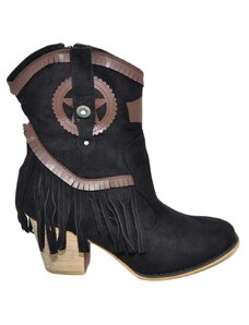 Malu Shoes Texano donna estivo camperos nero stivaletti con tacco in legno comodo con frange e stemmi moda cowboy