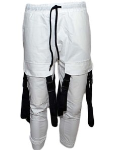 Malu Shoes Pantaloni tuta cargo uomo bianco con tasconi laterali con laccio in vita comodo casual moda militare