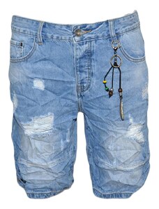 Malu Shoes Pantoloni corti short uomo bermuda in denim jeans blu chiaro con microstrappi frontali effetto stropicciato moda