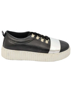 Malu Shoes Sneakers bassa donna nera con fondo alto bianco rigato e striscia argento moda confort antistrecth
