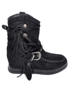 Malu Shoes Stivaletto donna indianini nero scamosciati con frange zeppa interna 5 cm cinturino fibbia altezza caviglia moda ibiza