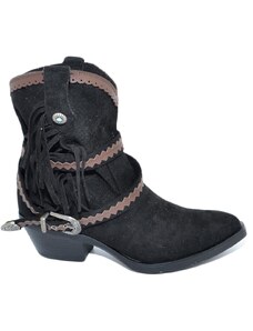 Malu Shoes Stivaletto texano camperos donna nero a punta con frange borchie e fibbia tacco western moda roxanne tendenza