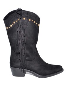 Malu Shoes Stivali donna camperos texani neri scamosciati con frange borchie dorate roxanne a punta altezza polpaccio con zip