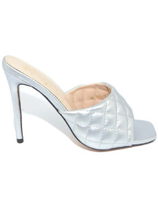 Malu Shoes Sandalo donna argento satin tallone scoperto a sabato tacco a spillo 12 fascia effetto trapuntato moda estate