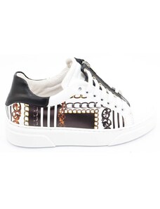 Malu Shoes Sneakers bassa uomo linea Luxury in vera pelle con stampa catene e accessorio zip contrasto bianco nero moda giovane