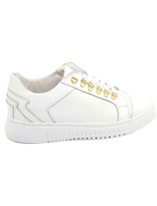 Malu Shoes Sneakers bassa uomo bianca liscia in vera pelle con ganci oro e fulmini fondo army bianco moda giovane street