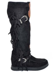 Malu Shoes Stivali donna indianini neri scamosciati con frange zeppa interna 5 cm cinturino fibbia altezza ginocchio moda ibiza