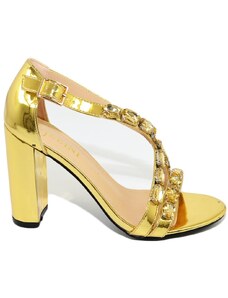 Malu Shoes Sandalo donna gioiello oro con tacco fasce sottili incrociate con strass tacco largo moda elegante cerimonie comodo