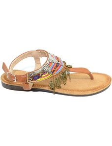 Malu Shoes Sandalo basso ibiza cuoio basso infradito con frange, corallini e piume allacciato alla caviglia moda comfort estate