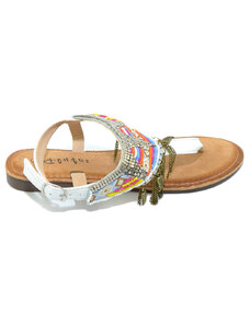 Malu Shoes Sandalo basso ibiza bianco basso infradito con frange, corallini e piume allacciato alla caviglia moda comfort estate