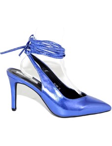 Malu Shoes Scarpa tacco donna blu elettrico sandalo punta tallone scoperto allacciatura schiava caviglia lacci scollo v decollete