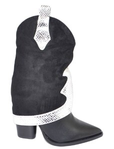 Malu Shoes Stivale tronchetto donna a punta nero con tacco targo e risvoltone shark in camoscio fascia laminata argento moda trend