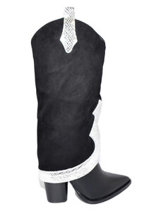 Malu Shoes Stivale donna altezza ginocchio a punta nero tacco targo risvoltone shark camoscio fascia laminata argento