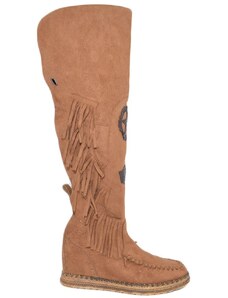 Malu Shoes Stivali donna indianini cuoio scamosciati alti sopra al ginocchio frange zeppa interna 5 cm cinturino fibbia stemma moda
