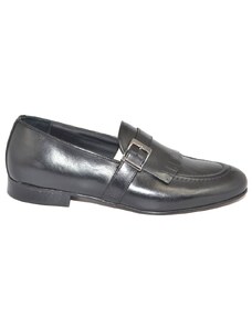Malu Shoes Mocassino derby uomo nero in vera pelle di nappa con fibbia e frange linea dandy vintage suola in vero cuoio contrasto