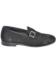 Malu Shoes Mocassino derby uomo nero in vera pelle scamosciata con fibbia frange linea dandy vintage suola in vero cuoio contrasto