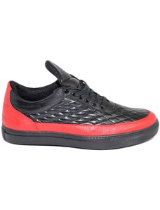 Malu Shoes Sneakers bassa uomo effetto trapunta in vera pelle con linguetta alta bicolore nera rossa moda street made in Italy