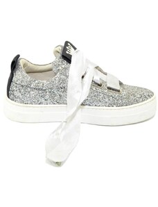 Malu Shoes Sneaker donna glitterata argento vera pelle chiusura nastri made in italy risvoltabili fondo bianco alto glamour