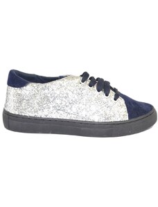 Malu Shoes Sneakers casual bassa donna blu con laterali glitter argento fondo basso leggere comode moda punta tonda