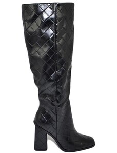Malu Shoes Stivali donna a punta quadrata nero gambale aderente al ginocchio stampa rombale tacco largo 8 cm moda con zip