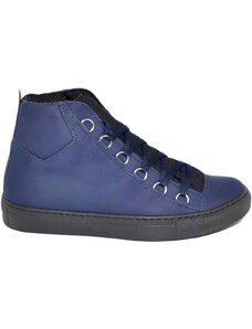 Malu Shoes Sneakers alta blu in vera pelle gommata blu impermeabile e ganci con laccio tessuto centrale moda street giovane