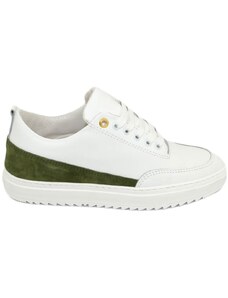 Malu Shoes Scarpe sneakers bassa uomo vera pelle bianco con occhiello oro liscia basic fondo zigrinato fascia verde made in italy