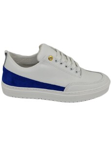 Malu Shoes Scarpe sneakers bassa uomo vera pelle bianco con occhiello oro liscia basic fondo zigrinato fascia blu made in italy