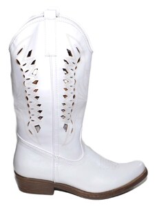 Malu Shoes Stivali donna camperos texani stile western bianco con foratura laser su pelle tinta unita altezza polpaccio
