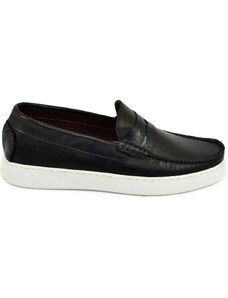 Malu Shoes Mocassini uomo slip on classico sportivo in vera pelle di nappa nero cuciture in punta bendina fondo bianco alto