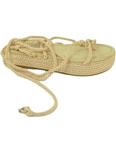 Malu Shoes Sandali platform donna beige con corda di canapa suola in cordone e gomma moda mykonos alla schiava gladiatore