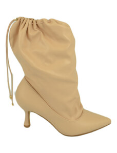 Malu Shoes Stivali donna tronchetto a punta beige nude in pelle con tacco midi 5 cm a spillo e coulisse moda tendenza