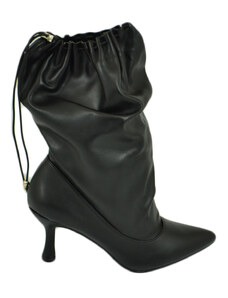 Malu Shoes Stivali donna tronchetto a punta nero in pelle con tacco midi 5 cm a spillo e coulisse moda tendenza