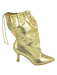 Malu Shoes Stivali donna tronchetto a punta oro in pelle con tacco midi 5 cm a spillo e coulisse moda tendenza