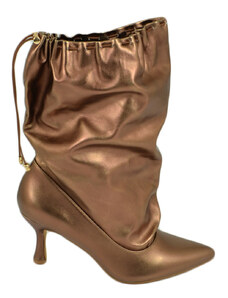 Malu Shoes Stivali donna tronchetto a punta bronzo satinato in pelle con tacco midi 5 cm a spillo e coulisse moda tendenza