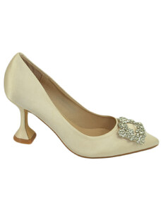 Malu Shoes Scarpe decollete donna elegante gioiello luminoso quadrato in punta raso avorio tacco 9 martini moda cinturino cerimonia