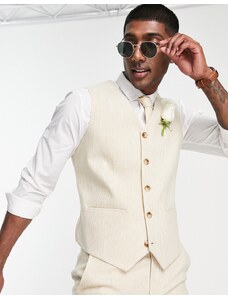 ASOS DESIGN Wedding - Gilet da abito super skinny in misto lana con motivo pied de poule, color pietra-Neutro