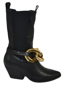 Malu Shoes Stivale Camperos donna neri texano con tacco western in pelle liscia con elastico e accessorio catena oro meta polpaccio
