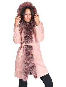 Cappotto in pelle scamosciata rosa con cappuccio bordato pelliccia D'Arienzo