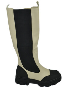 Malu Shoes Stivali donna combat boots beige bicolore gomma alta con elastico chelsea zip altezza ginocchio moda comodo