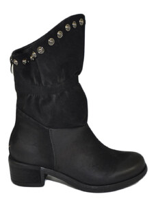 Malu Shoes Stivaletti scarpe donna nero biker con borchie in pelle effetto nubuk asimmetrico moda con zip comodo
